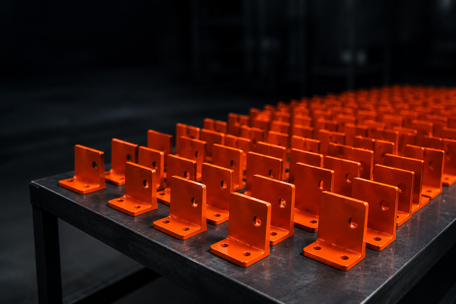 A production run of steel brackets in high-gloss safety orange, racked and ready to box