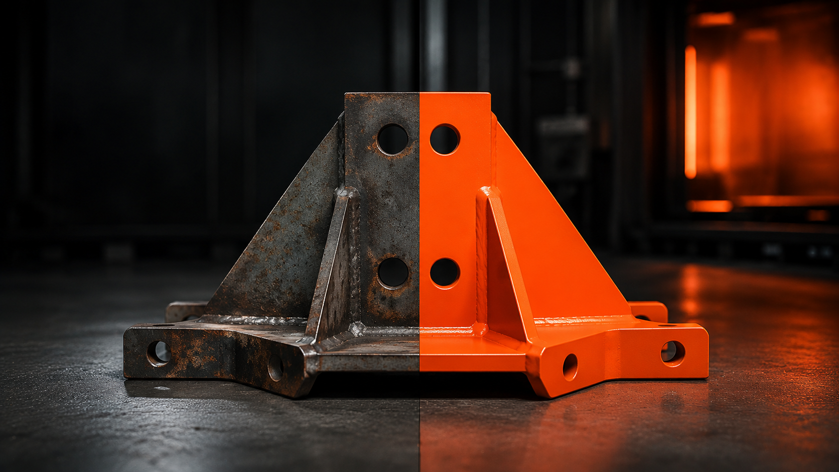 One steel bracket shown half raw and half finished in glossy orange powder coat