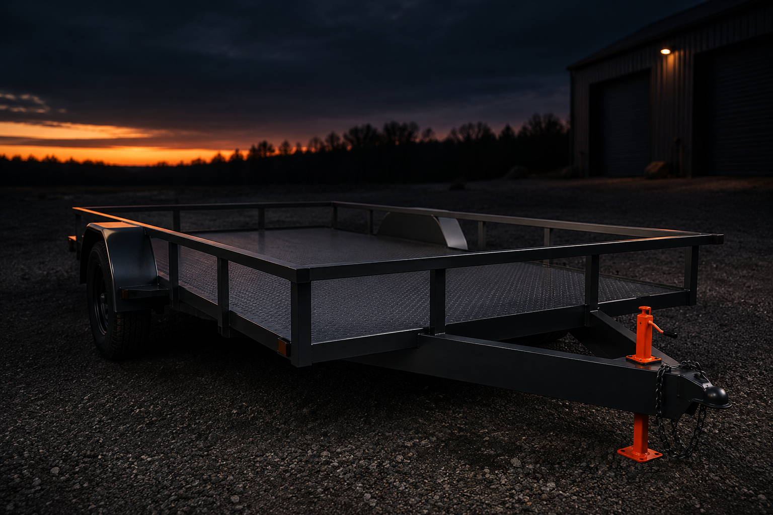 Powder coated black utility trailer at dusk — finished and ready