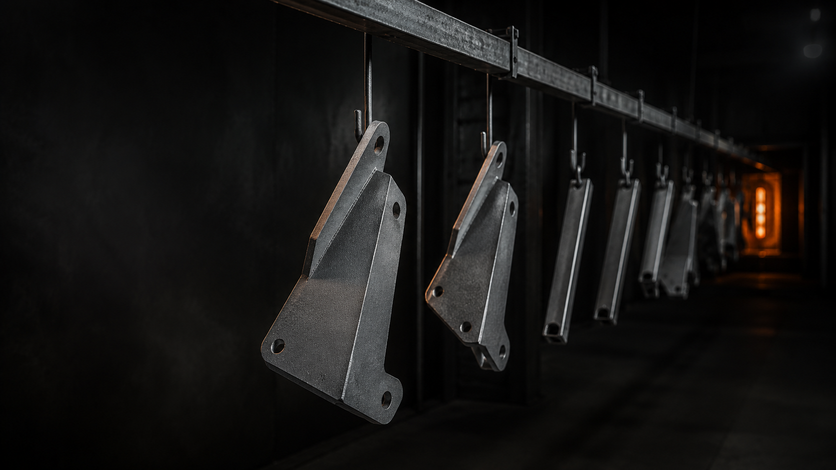 Parts racked and staged for powder coat application